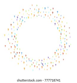 Question marks scattered on white background. Quiz, doubt, faq, interrogation, query background. Multicolored template. Simple rainbow motif. Vector illustration.