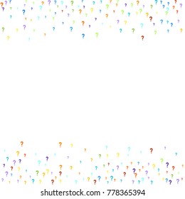 Question marks scattered on white background. Quiz, doubt, faq, interrogation, query background. Multicolored template. Simple rainbow motif. Vector illustration.