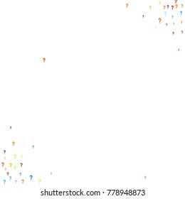 Question marks scattered on white background. Quiz, doubt, faq, interrogation, query background. Multicolored template. Simple rainbow motif. Vector illustration.