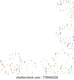 Question marks scattered on white background. Quiz, doubt, faq, interrogation, query background. Multicolored template. Simple rainbow motif. Vector illustration.