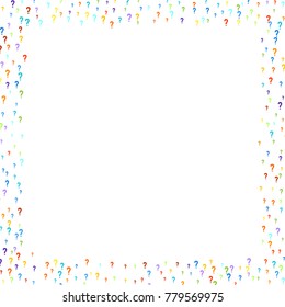 Question marks scattered on white background. Quiz, doubt, faq, interrogation, query background. Multicolored template. Simple rainbow motif. Vector illustration.
