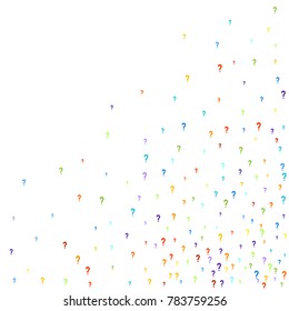 Question marks scattered on white background. Quiz, doubt, faq, interrogation, query background. Multicolored template. Simple rainbow motif. Vector illustration.