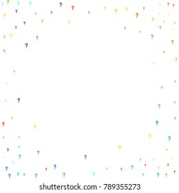 Question marks scattered on white background. Quiz, doubt, faq, interrogation, query background. Multicolored template. Simple rainbow motif. Vector illustration.