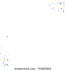 Question marks scattered on white background. Quiz, doubt, poll, survey, faq, interrogation, query background. Multicolored template for opinion poll, public poll. Rainbow color. Vector illustration.
