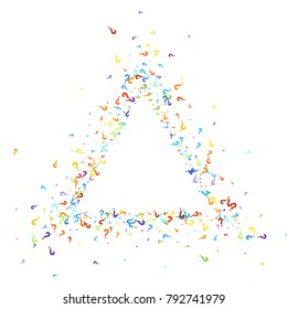 Question marks scattered on white background. Quiz, doubt, poll, survey, faq, interrogation, query background. Multicolored template for opinion poll, public poll. Rainbow color. Vector illustration.