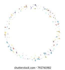 Question marks scattered on white background. Quiz, doubt, poll, survey, faq, interrogation, query background. Multicolored template for opinion poll, public poll. Rainbow color. Vector illustration.