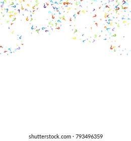 Question marks scattered on white background. Quiz, doubt, poll, survey, faq, interrogation, query background. Multicolored template for opinion poll, public poll. Rainbow color. Vector illustration.