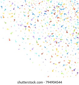 Question marks scattered on white background. Quiz, doubt, poll, survey, faq, interrogation, query background. Multicolored template for opinion poll, public poll. Rainbow color. Vector illustration.