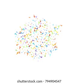 Question marks scattered on white background. Quiz, doubt, poll, survey, faq, interrogation, query background. Multicolored template for opinion poll, public poll. Rainbow color. Vector illustration.