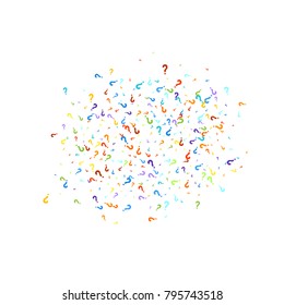 Question marks scattered on white background. Quiz, doubt, poll, survey, faq, interrogation, query background. Multicolored template for opinion poll, public poll. Rainbow color. Vector illustration.