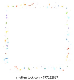 Question marks scattered on white background. Quiz, doubt, poll, survey, faq, interrogation, query background. Multicolored template for opinion poll, public poll. Rainbow color. Vector illustration.