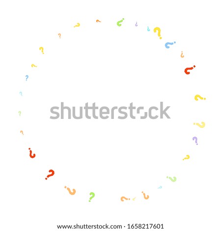 Question marks scattered on white background. Quiz, doubt, poll, survey, faq, interrogation, query background. Multicolored template for opinion poll, public poll. Rainbow color. Vector illustration.