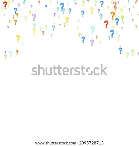 Question marks scattered on white background. Quiz, doubt, poll, survey, faq, interrogation, query background. Multicolored template for opinion poll, public poll. Rainbow color. Vector illustration.