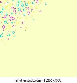 Question marks scattered on yellow background.Quiz, doubt, poll, survey, faq, interrogation, query background. Multicolored template for opinion poll, public poll. . Vector illustration