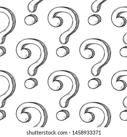 Question marks in seamless pattern. Hand drawn doodle. Vector illustration isolated on white background