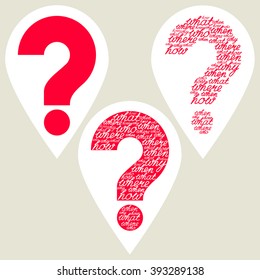  Question marks set. Hand drawn question mark made of question words. 
Carved out question mark. Red question mark. Help symbol.  
Isolated background.