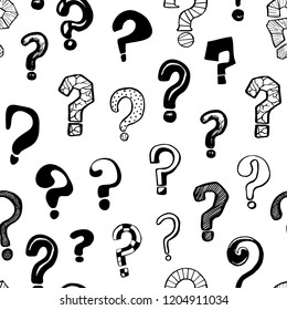 Question Marks Signs Black Seamless Pattern Background Different Types for Web and App Design Symbol of Ask. Vector illustration of Decorative Element
