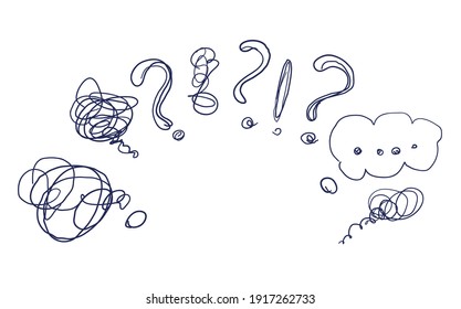 Question marks and speech bubble, the concept of reflections and doubts, the search for answers to questions and doubts. Vector doodle illustration isolated on white background