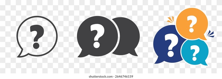 Question Marks speech bubble icon set . black , blue , yellow circle icon symbol on transprerant background. chat icon. customer support and support sign. Frequently Ask Question vector Illustration