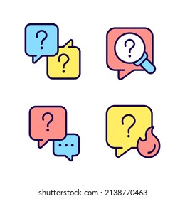 Question marks and speech bubbles RGB color icons set. Answers and information storage. Communication process. Isolated vector illustrations. Simple filled line drawings collection. Editable stroke