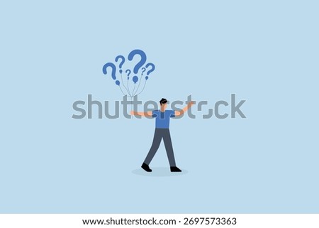 Question marks, suspicious entrepreneur grasping inquiry balloons seeks answers.