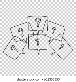 Question marks in thought bubbles. Hand drawn line art cartoon vector illustration on isolated background.