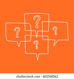 Question marks in thought bubbles. Hand drawn line art cartoon vector illustration on orange background.