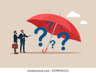 Question marks under umbrella. Curiosity explore unknown, search for solution or new business opportunity, seek for success concept. Flat vector illustration