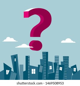 Question marks are in urban buildings. The background is blue.