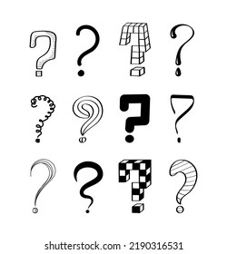 Question marks vector set. Ask signs in doodle, sketch style. Pen, inky punctuation icons. Interrogation symbols for expressing problems or difficulty. Misunderstandings metaphor.