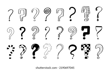 Question marks vector set. Ask signs in doodle, sketch style. Pen, inky punctuation icons. Interrogation symbols for expressing problems or difficulty. Misunderstandings metaphor.