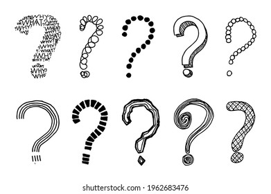 Question marks in vintage style. Hand drawn doodle sketches. Vector illustration