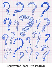 Question marks in vintage style. Hand drawn doodle sketch on the background of a notebook in a cage. Vector illustration