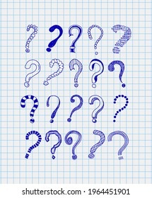 Question marks in vintage style. Hand drawn doodle sketch on the background of a notebook in a cage. Vector illustration