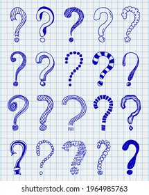 Question marks in vintage style. Hand drawn doodle sketch on the background of a notebook in a cage. Vector illustration