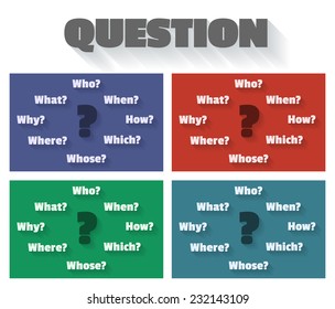 Question marks and words - who, how, when, which, why, whose, where, what. Vector illustration in the form of mind map in flat style with long shadows.