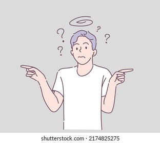 Question Marks with young man, he is confused. Negative emotion facial expression feeling. Hand drawn in thin line style, vector illustrations.