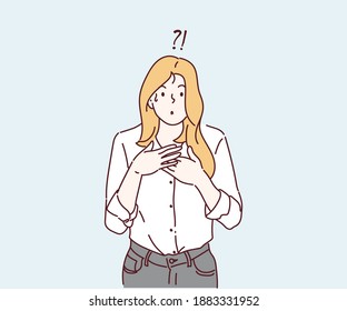 Question Marks with young woman, she is confused. Negative emotion facial expression feeling. Hand drawn in thin line style, vector illustrations.