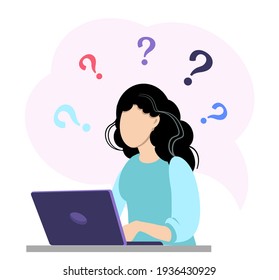 Question marks with young woman using her laptop on. Vector illustration.