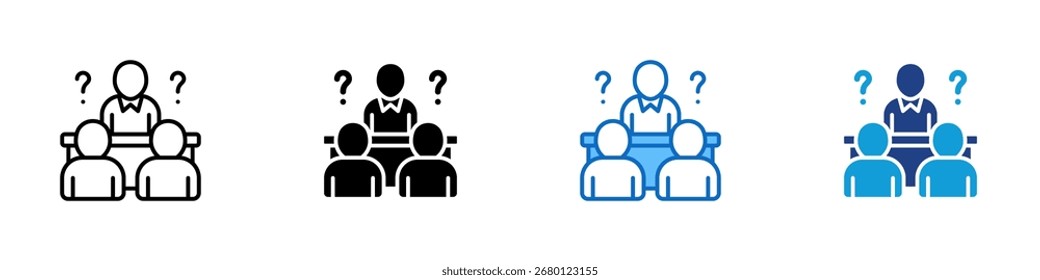 Question Meeting Multiple Style Icon Sheet Design Vector - Group discussion with a leader and question marks, representing teamwork, consultation, or decision making