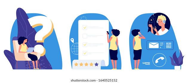 Question metaphor. Web support vector concept. Young girl has question. Woman looking answer, surfs internet, reads info, calls to help centre