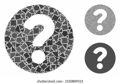Question mosaic of abrupt elements in various sizes and color tints, based on question icon. Vector irregular elements are combined into collage. Question icons collage with dotted pattern.