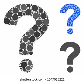 Question mosaic of small circles in various sizes and color tints, based on question icon. Vector small circles are combined into blue illustration.  
