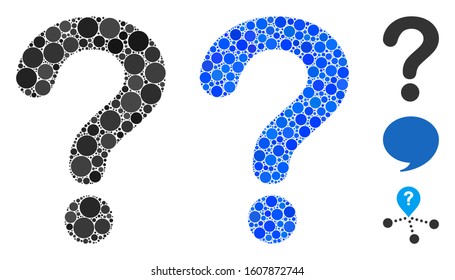 Question mosaic of spheric dots in various sizes and color tinges, based on question icon. Vector dots are composed into blue mosaic. Dotted question icon in usual and blue versions.