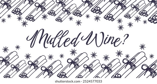 Question mulled wine vertical headline backdrop. Cinnamon stick header. Hand drawn autumn winter season background. Cozy snugly cover with place for text blue on white