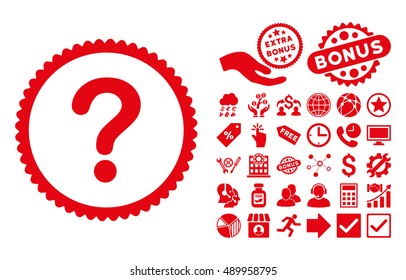 Question pictograph with bonus icon set. Vector illustration style is flat iconic symbols, red color, white background.