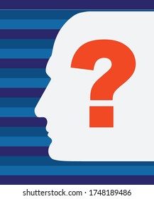 Question  poster on a striped background of shades of blue, white profiles of man, an question mark in orange