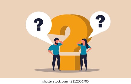 Question problem and answer solution idea with man and woman. Help solve with advice mark vector illustration concept. Support thinking and business discussion. Strategy work character and sign think