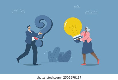 Question or problem with answers or ideas, Creating questions and answering or solving problems, Business solutions, Businessman holding question mark and businesswoman holding light bulb.