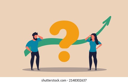 Question problem and people job challenge. Office work brainstorm and business arrow vector illustration concept. Colleague cooperation team and worker discussion. Searching creative strategy idea